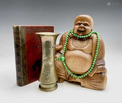 A Chinese carved wood buddha, height 32.5cm, width 28cm, a j...