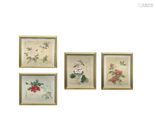A set of four Chinese paintings on silk, 20th century,callig...