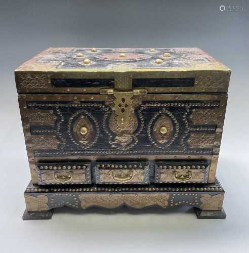 An Indian black painted and brass bound wood coffer, 20th ce...