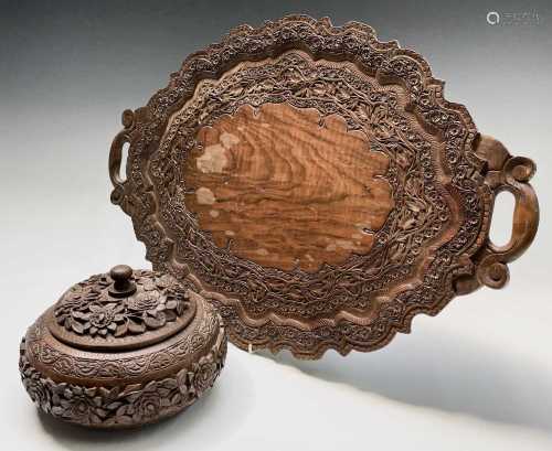 A Kashmir carved wood tray and bowl, mid 20th century, with ...