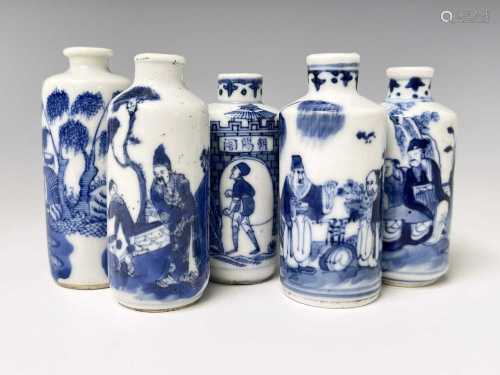 Five Chinese blue and white porcelain snuff bottles, 19th ce...