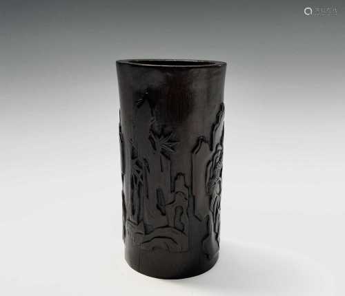 A Chinese bamboo brush pot, 18th/19th century, carved with a...