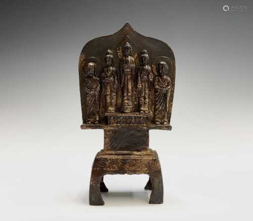 A Chinese bronze votive buddha triad group with two supporte...