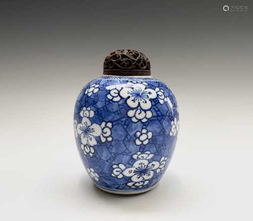 A Chinese porcelain blue and white prunus pattern ginger jar...