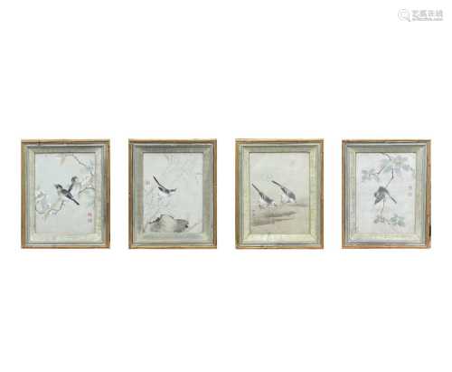Four Chinese paintings of birds on silk, 19th century, all s...