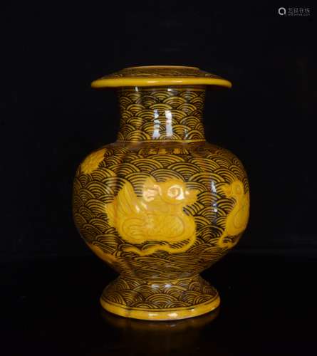 Ming Yongle ink color yellow glaze carved mandarin duck play...