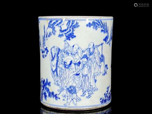 Qing Dynasty blue and white eighteen arhat character pattern...