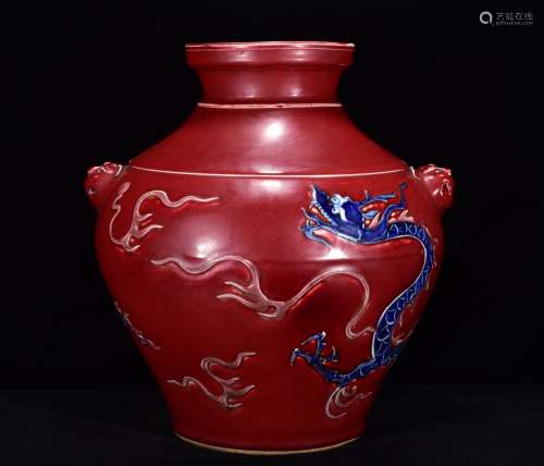 Yuan Jihong blue and white dragon pattern tiger head pot