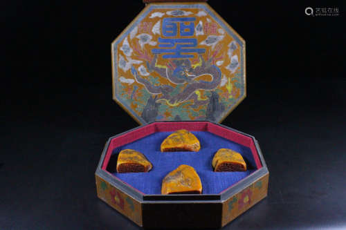 Shoushan Shitian yellow visiting seal four piece set with la...