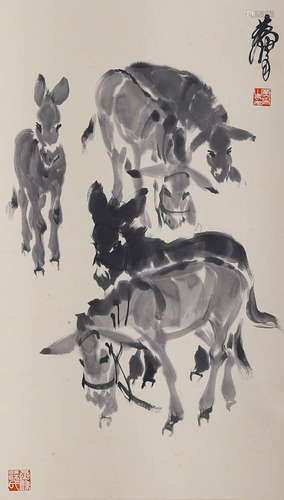 Chinese Donkey Group Painting Scroll, Huang Zhou Mark