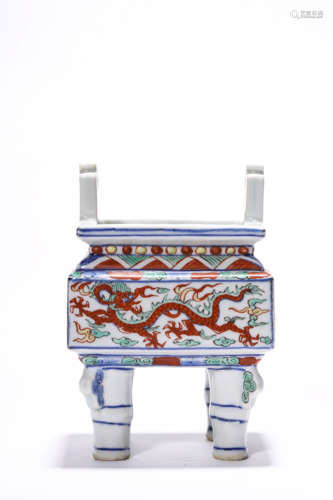 A Wucai Dragon Four-Leg Censer