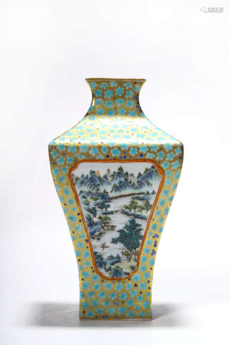 A Famille Rose Landscape Square Meiping Vase