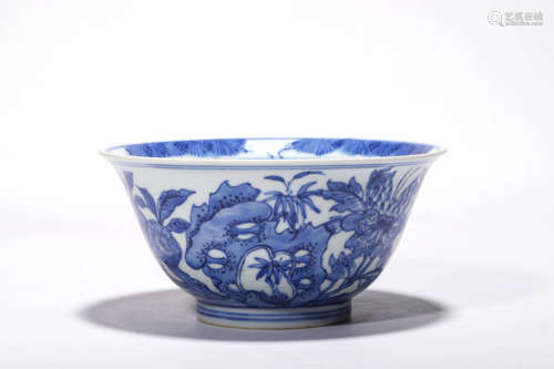 A Blue And White Flower And Birds Bowl