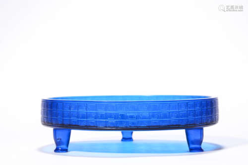 A Blue Glass Inscribed Tripod Washer