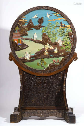 An Inlaid Sandalwood Landscape And Figure Round Table Screen