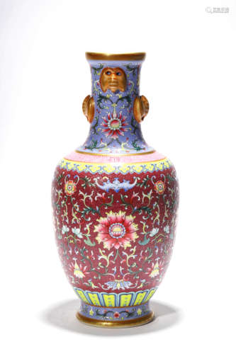 A Famille Rose Flower Double-Eared Vase