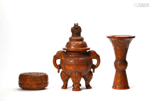 A Set Of Three Carved Eaglewood Censer, Vase And Box