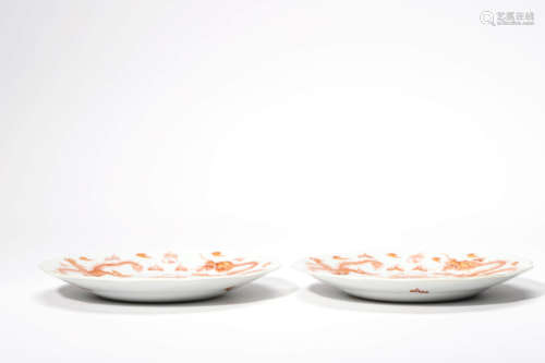 A Pair Of Iron-Red Glaze Twin Dragon Plates