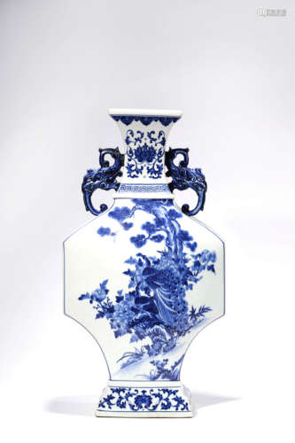 A Blue And White Flower And Peacock Square Zun Vase