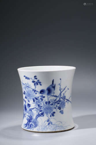 A Blue And White Flower And Bird Brush Pot