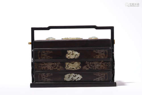 An Inlaid Wood Three-Tiers Loop-Handle Box