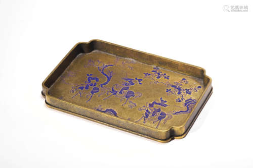 A Bronze Enamel Figure Lobed Tray