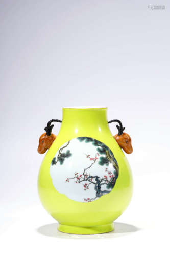 A Yellow Glaze Famille Rose Prunus And Magpie Double Deer-Ea...