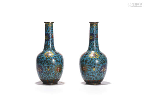 A Pair Of Cloisonne Enamel Floral Bottle Vases