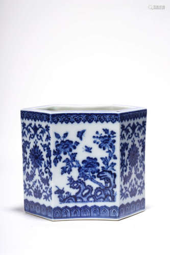 A Blue And White Flowers Hexagonal Brush Pot