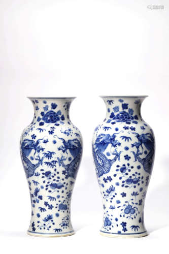 A Pair Of Blue And White Twin Dragon Vases