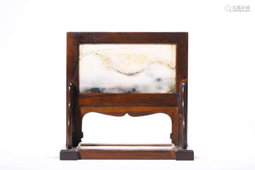 A Marble Stone Table Screen With Rosewood Frame