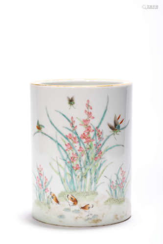 A Famille Rose Orchid Brush Pot