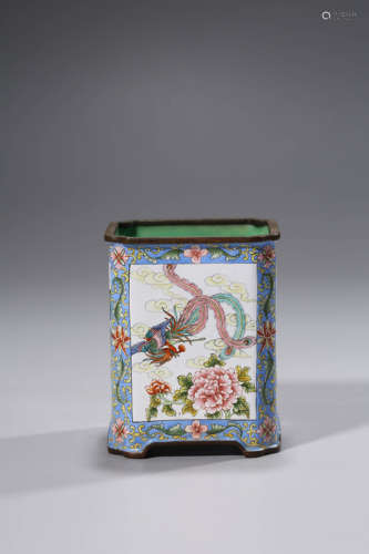 A Bronze Enamel Dragon Square Brush Pot