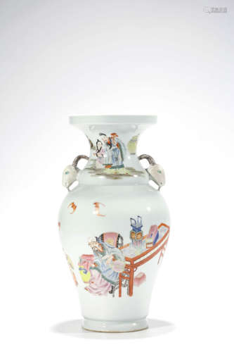 A Famille Rose Fu&Lu Figure Dish-Top Vase