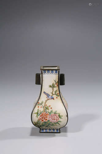 A Bronze Enamel Flowers And Bird Square Vase