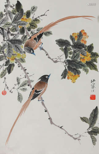 Chinese Flowers And Bird Painting Scroll, Jiang Hanting Mark