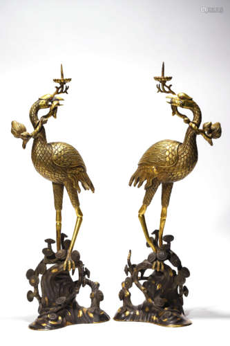 A Pair Of Gilt Bronze Figures Of Crane