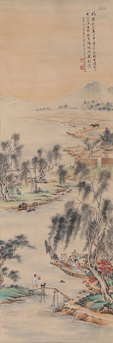 Chinese Landscape And Figure Painting Scroll, Wu Qingxia Mar...