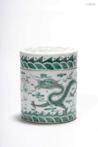 A Green Enamel Dragon Cylindrical Jar And Cover