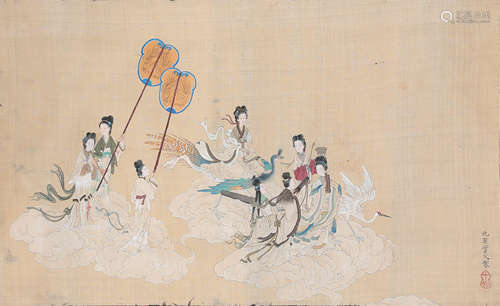 Chinese Apsaras Painting Scroll, Qiu Ying Mark