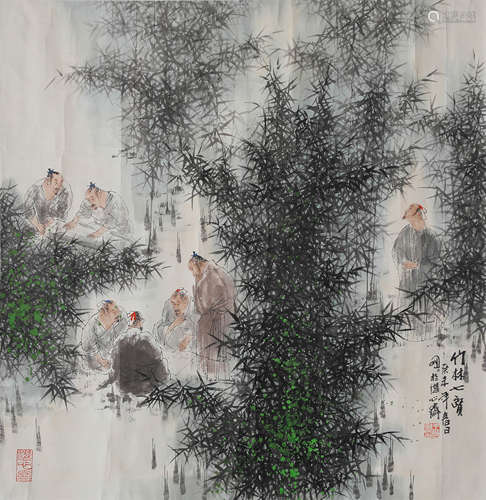 Chinese Eight Scholars Painting Scroll, Pu Xinzhai Mark