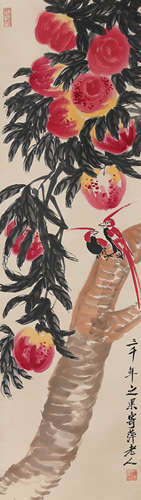 Chinese Nine Peaches Painting Scroll, Qi Baishi Mark