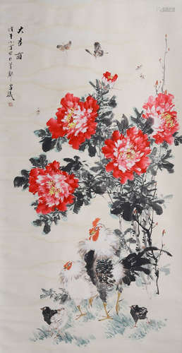 Chinese Flowers And Rooster Painting Scroll, Wang Xuetao Mar...