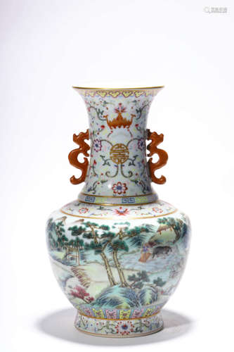 A Famille Rose Landscape And Figure Double-Eared Vase