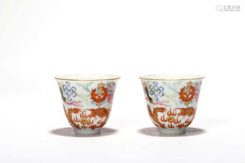 A Pair Of Gilt Decorated Famille Rose Dragon Cups