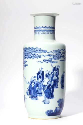 A Blue And White Figural Rouleau Vase