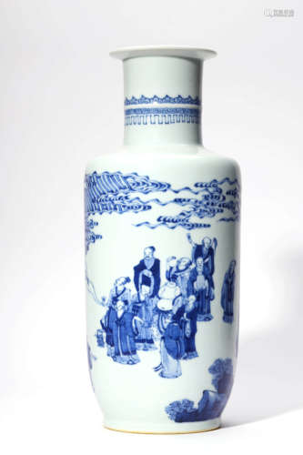 A Blue And White Figural Rouleau Vase