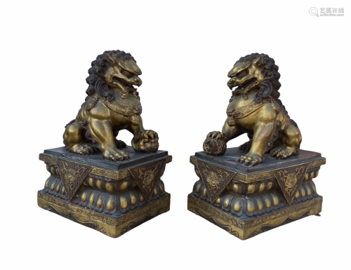 Antique Pair of Bronze Chinese Snow Lions