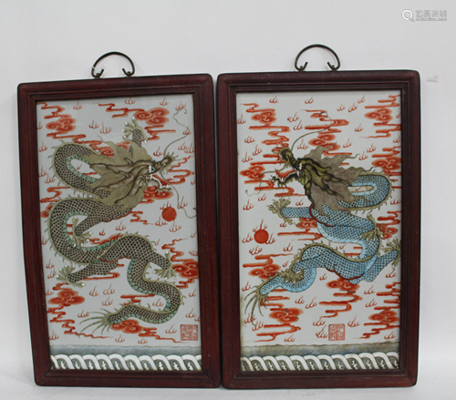 A Pair of Hardwood Framed Porcelain Plaques