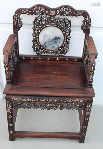 Chinese Hardwood Armrest Chair with Marble Inlay